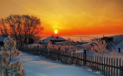 Sunset Winter Village House Wallpapers Hd Desktop And Mobile