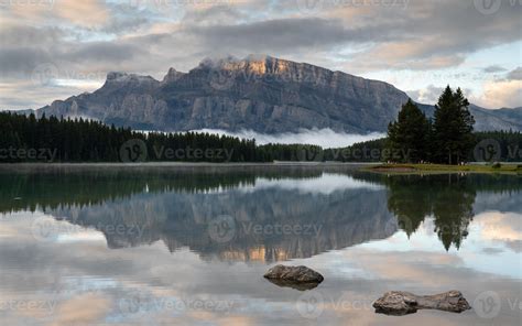 Mount Rundle And Two Jack Lake With Early Morning Mood Banff National