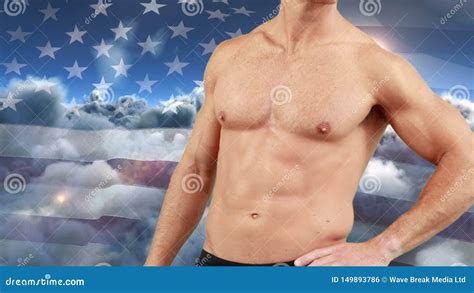 Naked Man With Athletic Body And The American Flag Stock Footage