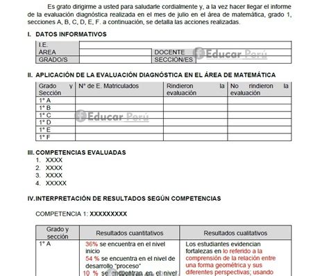 Modelo De Informe De Evaluación Diagnóstica