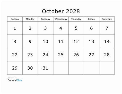 Printable October 2028 Calendar