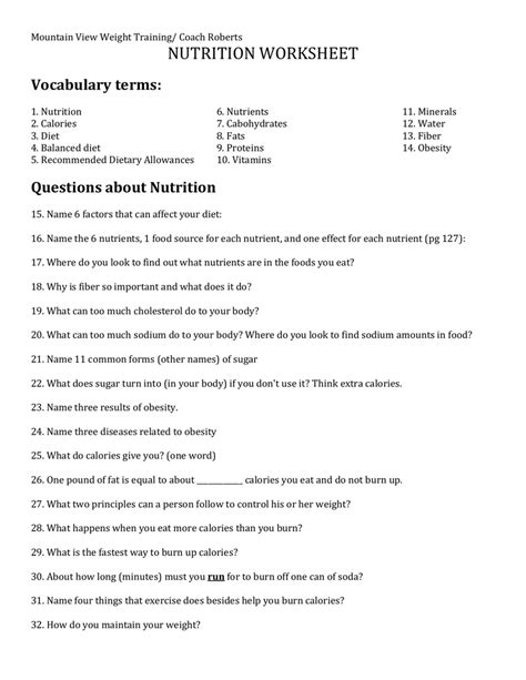 Nutrition Worksheet Vocabulary Terms
