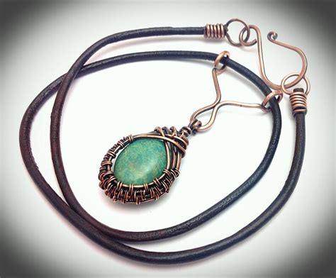 Copper Wire Weaved Genuine Turquoise Pendant With Leather Etsy