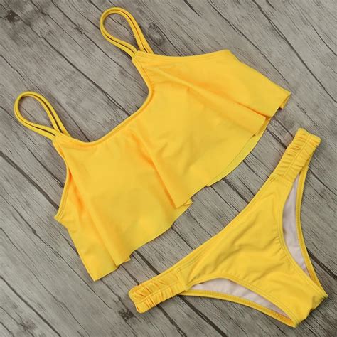 Yellow Swimwear Women Ruffles Bikini Solid Bikini Set Sexy Push Up