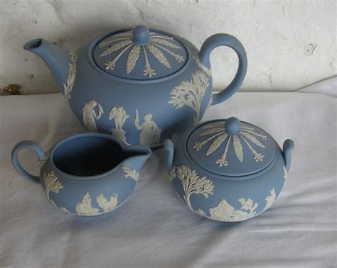 (impressed marks, circa 1880.) tea pot measures: 3 Piece Blue Wedgwood Jasperware Tea Set by buyadalia on ...