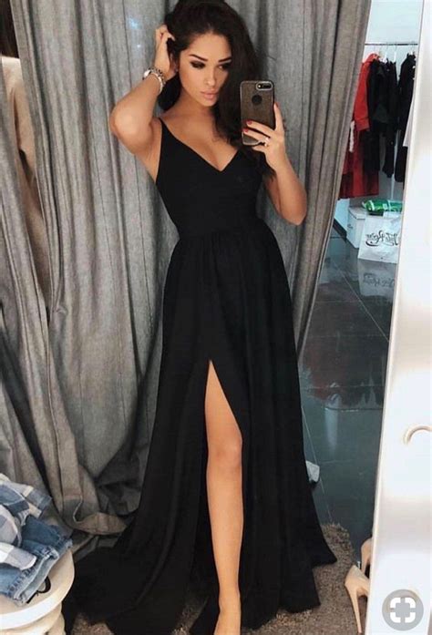 Chicas Usando Un Vestido Negro Para Las Cenas De Fin De Año Slit Dress Prom Chiffon Party Dress