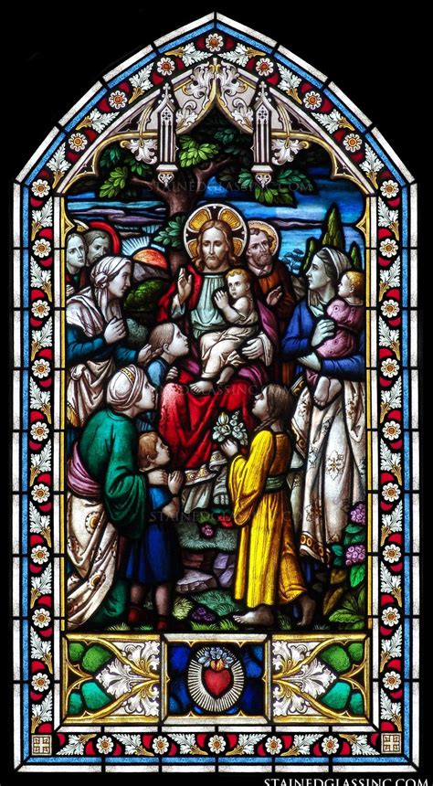 This Arched Stained Glass Panel Features Jesus Blessing The Little