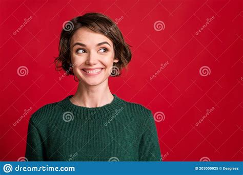 Photo Of Dreamy Adorable Young Woman Look Empty Space Charming Smile