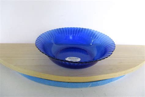 Vintage Cobalt Blue Glass Bowl Ribbed Pattern Tempered Serving Bowl Made In Brazil By Colorex 9