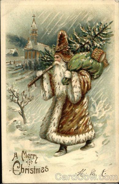 A Merry Christmas St Nick Carrying Sack And Tree In The