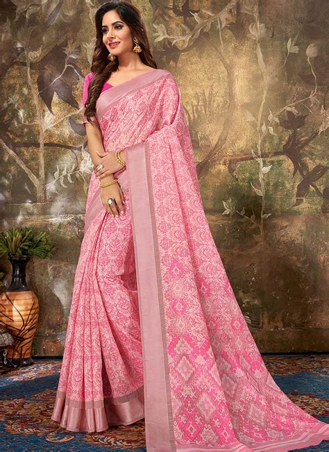 Buy Pink Cotton Saree Printed Sari Online Shopping Sassgmin1007