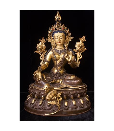 Antique Green Tara Half Gold Gilded Copper Statue