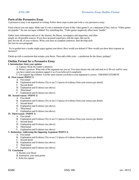 Eng 100 Persuasive Essay Outline Format Parts Of The Persuasive Essay