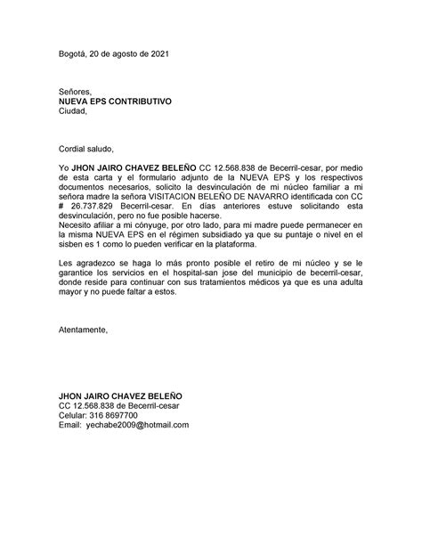 Carta De Desvinculacion Nueva Eps Bogotá 20 De Agosto De 2021