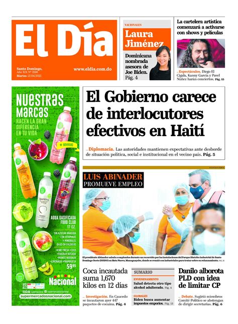Portada Periódico El Día Martes 13 De Abril 2021 Dominicanado