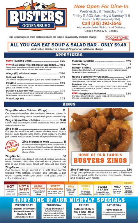Menu Busters Sports Bar And Restaurant
