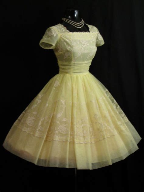vintage 1950s 50s cupcake lemon yellow flocked floral chiffon organza party prom wedding dress