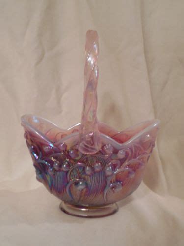 Gorgeous Fenton Iridescent Pink To Purple Plum Opalescent Carnival Glass Floral Basket Signed