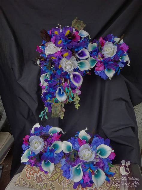 Dress My Wedding Cascading Bouquet Purple Blue Calla Rose Iris