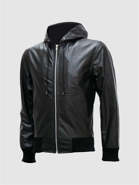 Mens Black Leather Hoodie Leather Jacket Master