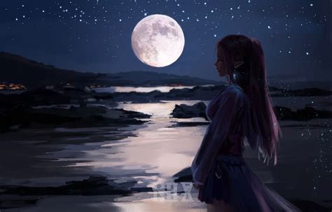 Wallpaper Fantasy Girl Elfs Night Moonset River Fantasy Art