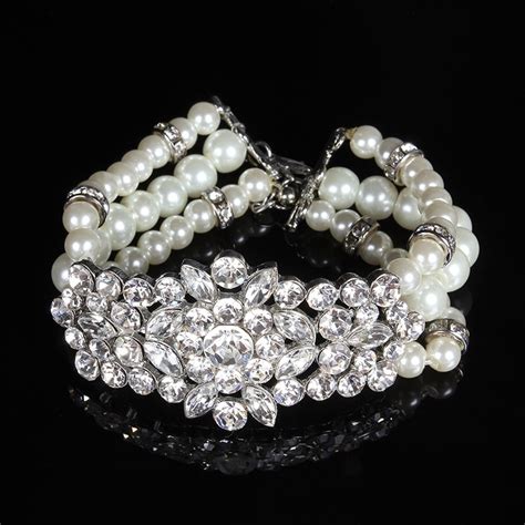 Slbridal Alloy Rhinestones Crystals Pearls Silver Wedding Bracelet