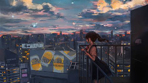 Download 2560x1440 Anime Girl Sadness Falling Stars Cityscape Scenic Rooftop Wallpapers For