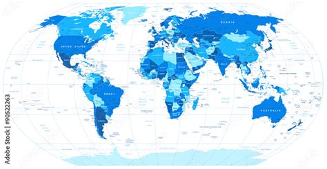 Blue World Map Borders Countries And Cities Illustration Stock