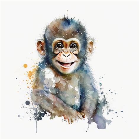 Premium Photo Monkey Small On White Background Watercolor Generative Ai