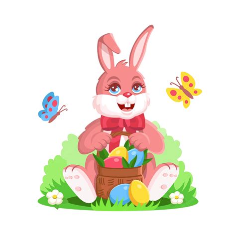 premium vector easter bunny is sitting with a basket of eggspink cartoon hare with red bow