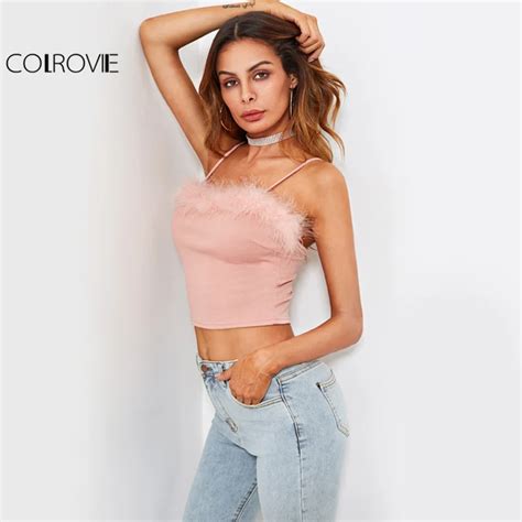 colrovie faux fur pink cami crop top women sexy cute strap sleeveless club summer tops 2017