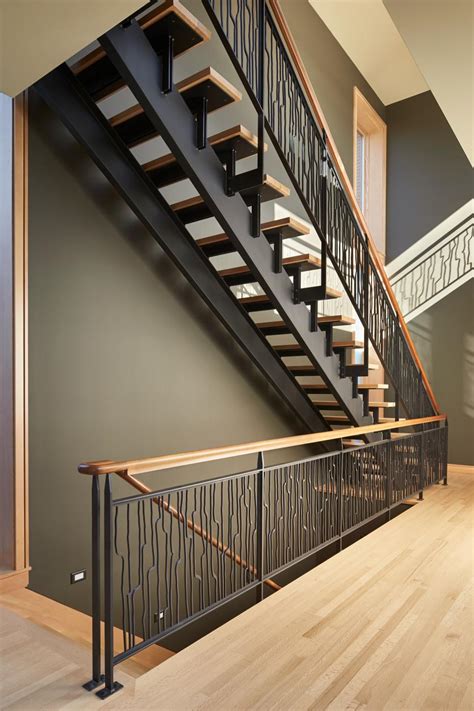 Contemporary Open Wood Staircase With Decorative Wrought