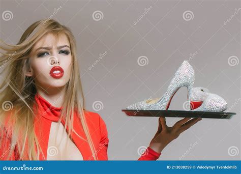 Woman With Shoes On Tray Girl With High Heels Fashion Shot Of