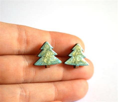 Christmas Earrings Woodland Jewelry Handmade Stud Earrings Green