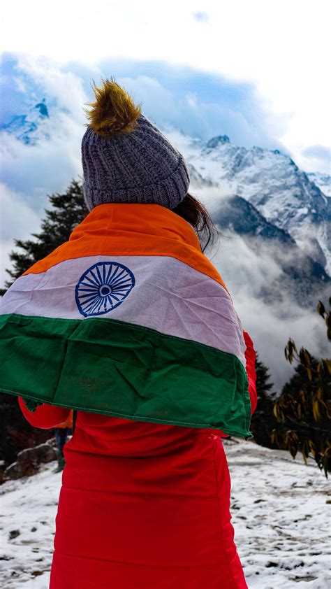 Girl Indian Flag Snow Mountains Free 4K Ultra HD Mobile Wallpaper