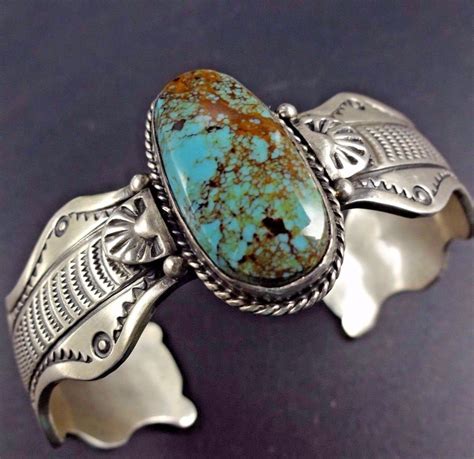 Signed Vintage Navajo Hand Stamped Sterling Silver And Turquoise Cuff