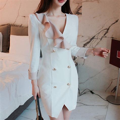 Double Breasted Ruffles V Neck Ol Dress Autumn Full Sleeve Patchwork Blaser Dress Elegant Party