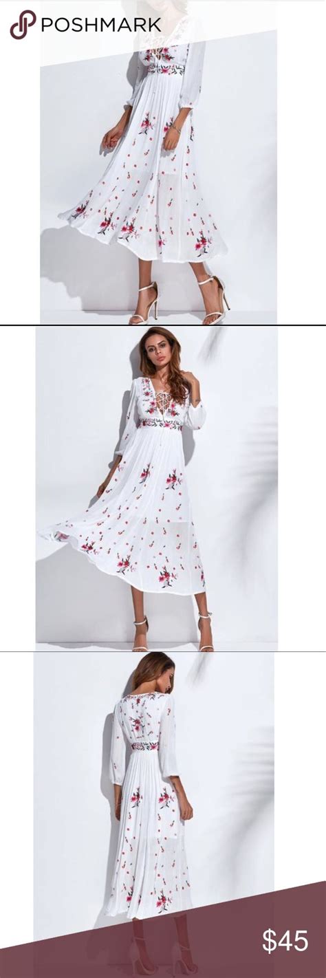 New Floryday White Floral Boho Midi A Line Dress L A Line Dress