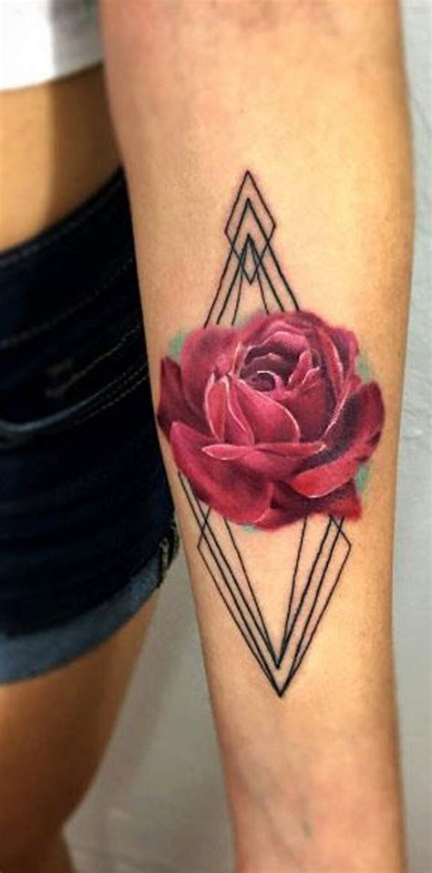 Geometric Watercolor Rose Forearm Tattoo Ideas For Women Diamond