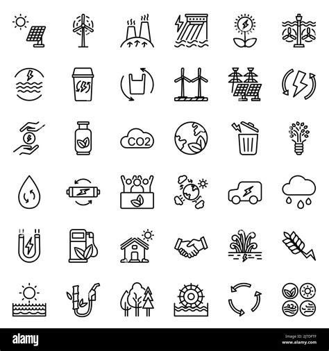 Renewable energy, a sustainable source of energy, line icon logo set in