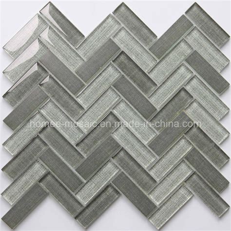 Inkjet Glazed Tiles Fabric Printing Grey Herringbone Glass Mosaic Tile