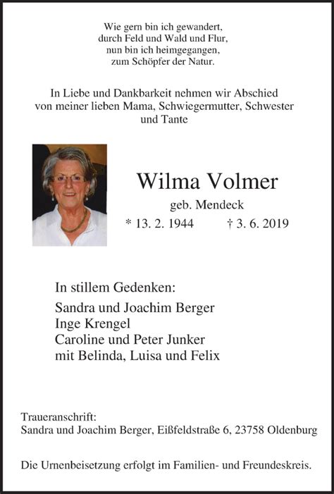 Traueranzeigen Von Wilma Volmer Trauer In Nrw De