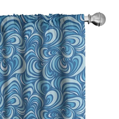 Blue Window Curtains Marine Waves Pattern Abstract Curly Forms Spirals