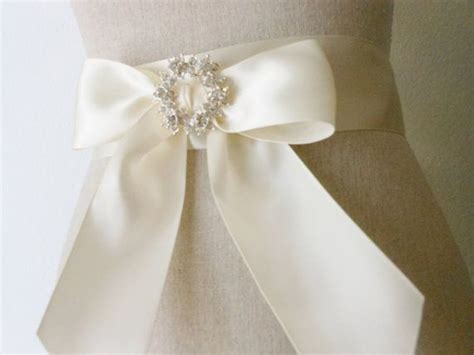 Bridal Dress Sash Ivory Satin Bow Rhinestone By Mendydensadesigns 28