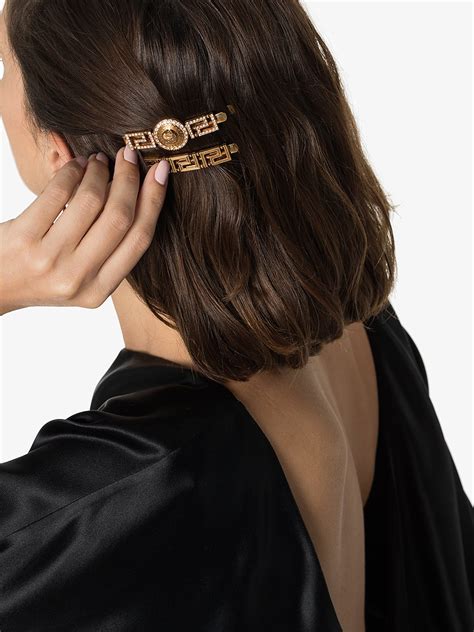 Versace Gold Tone Crystal Medusa Hair Clip Browns