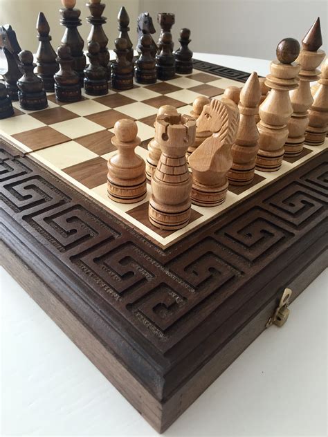 Large Wood Chess Set 3 In 1 Greek Chess Table Board With Etsy