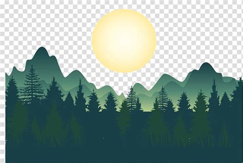 Forest , Night deep forest mountains , green trees, mountain, and moon