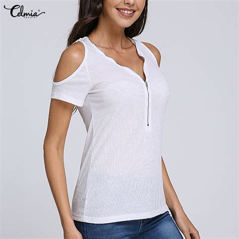 sexy off shoulder top blusa femininas celmia 2018 summer women blouses deep v neck zipper short