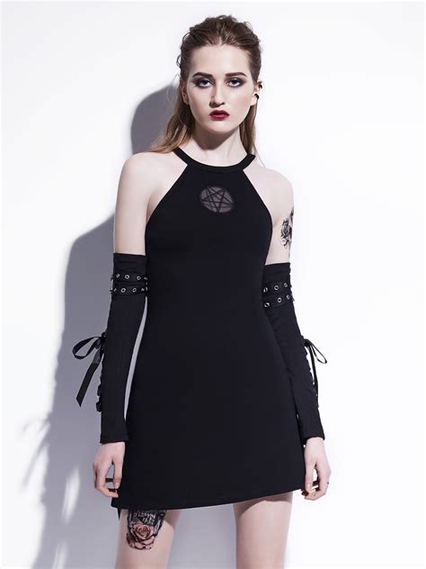 Gothic Mini Dress Pentagram Embroidery Black Fashion Women Autumn Sexy