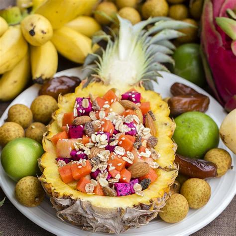 Fresh Tropical Fruit Salad Stuffed In Pineapple Thailand Close Up
